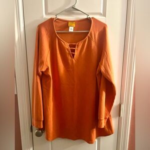 Ruby Rd. Orange Long Sleeve Tunic Top | Lattice V-Neck | Raglan Sleeves